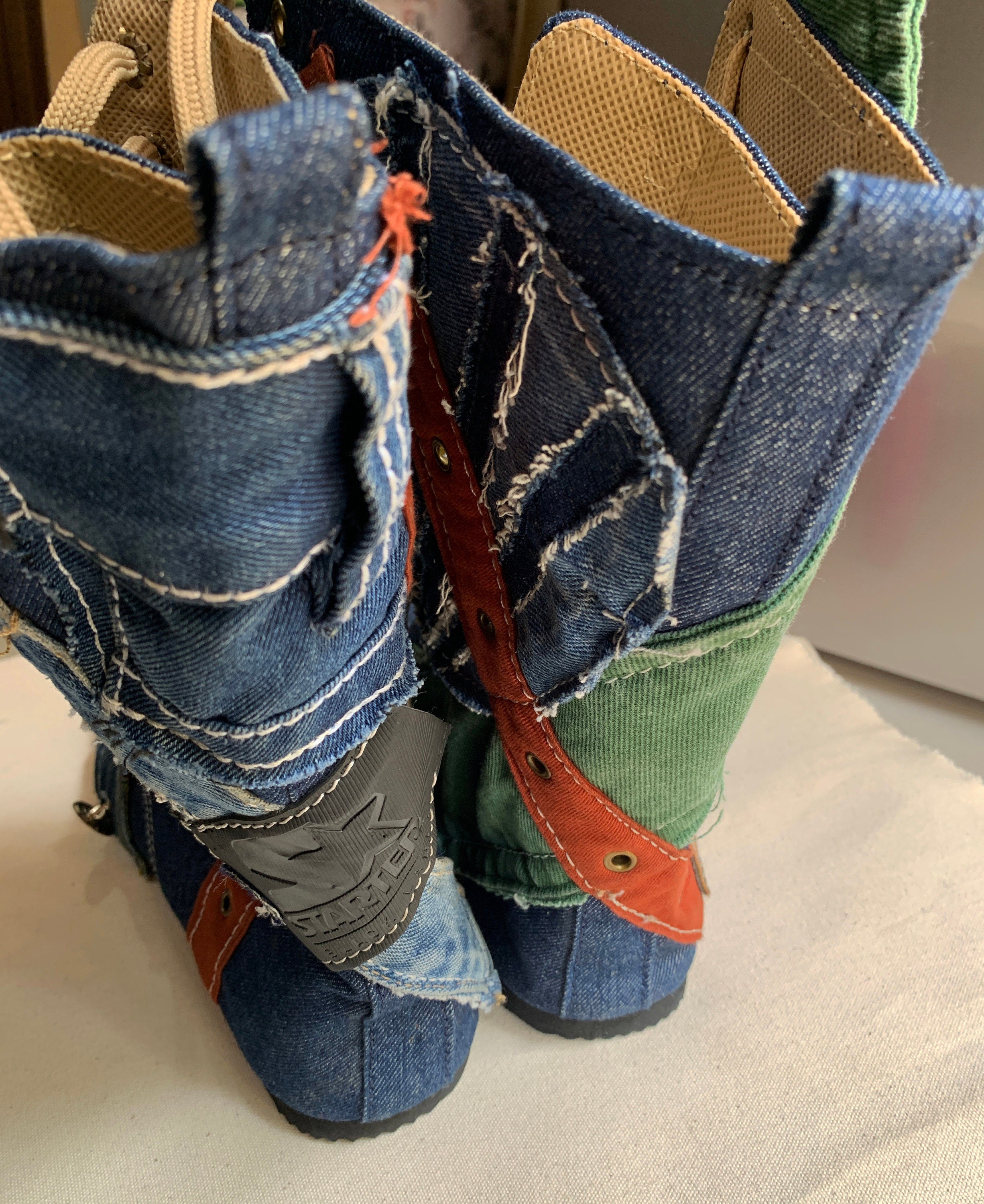 Upcycled Denim Patchwork Boots – Handmade Bohemian Footwear (US 9)