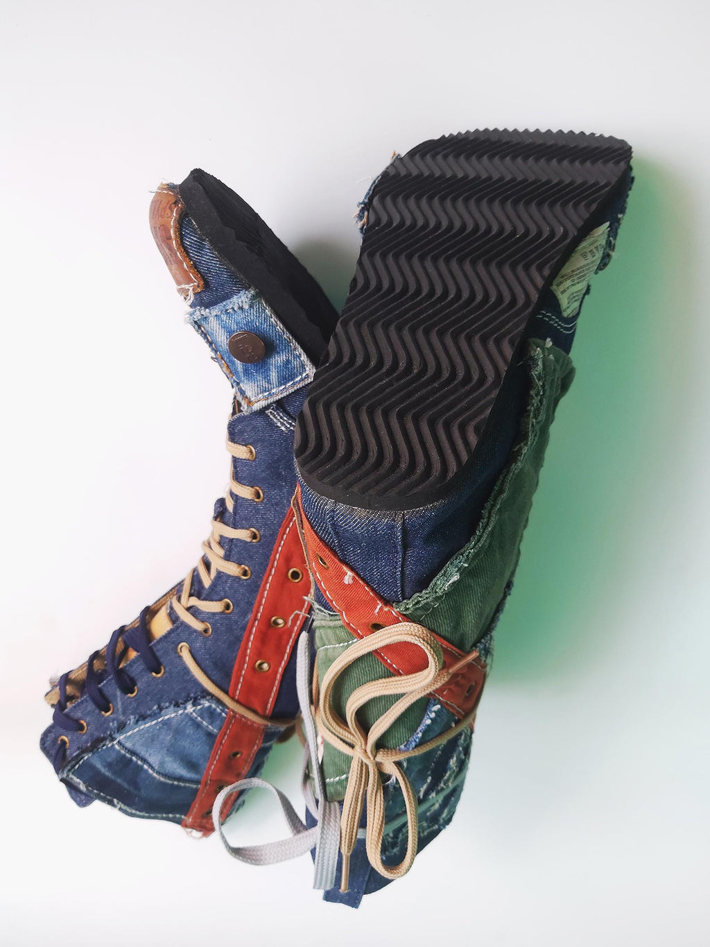 Upcycled Denim Barefoot Boots US 9, Handmade One-of-a-Kind