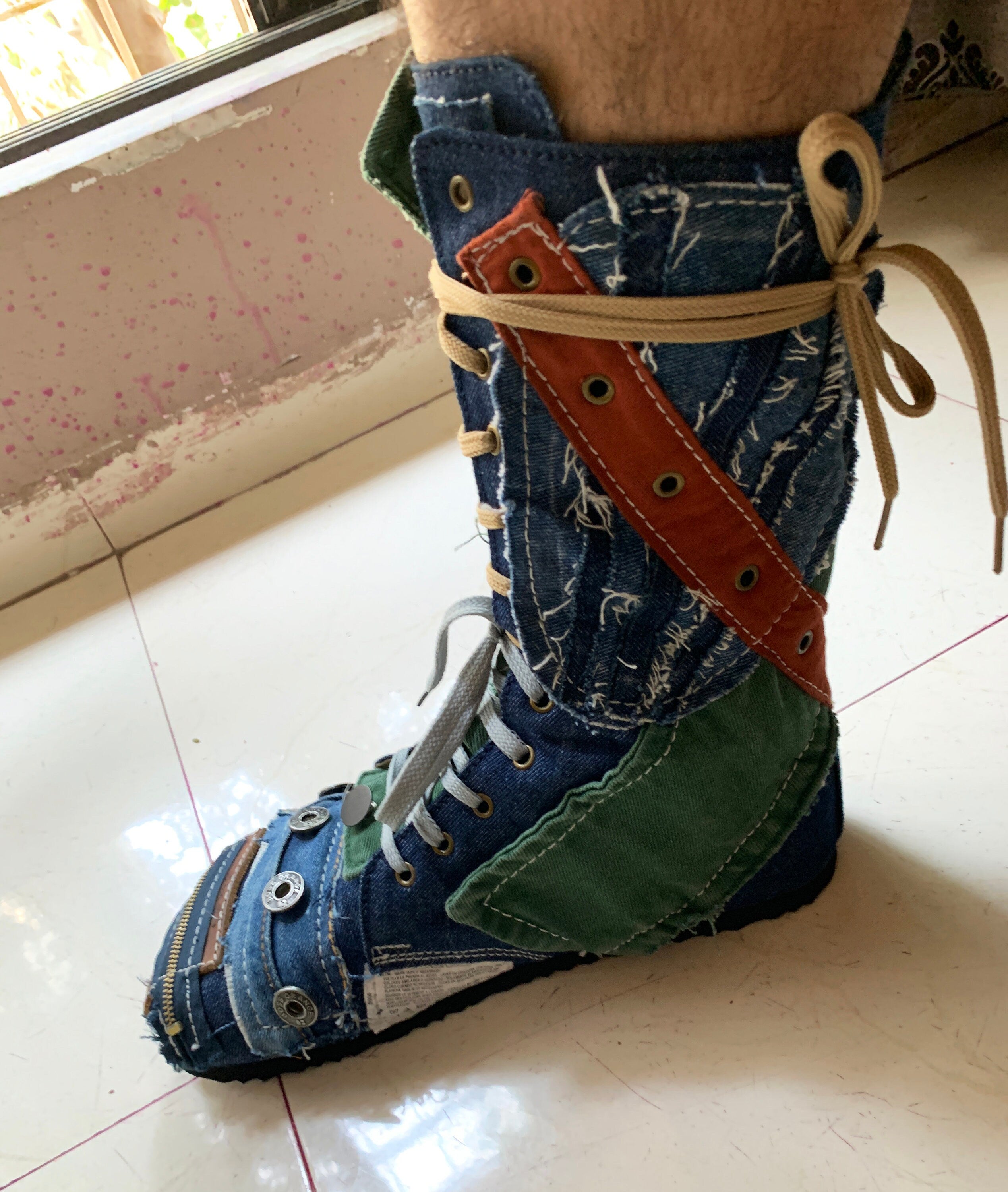 Upcycled Denim Patchwork Boots – Handmade Bohemian Footwear (US 9)