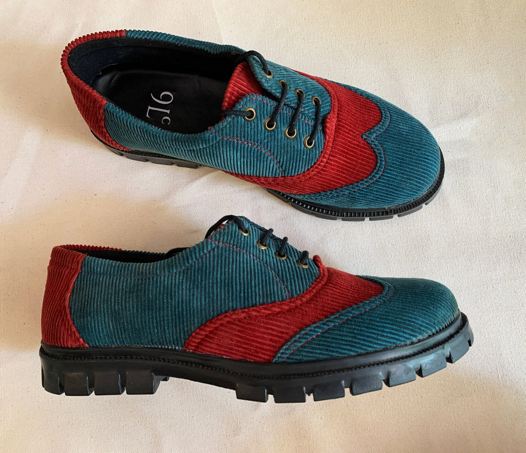 Upcycled Corduroy Brogues, Color Block Vegan Shoes (US 7.5, EU 41)