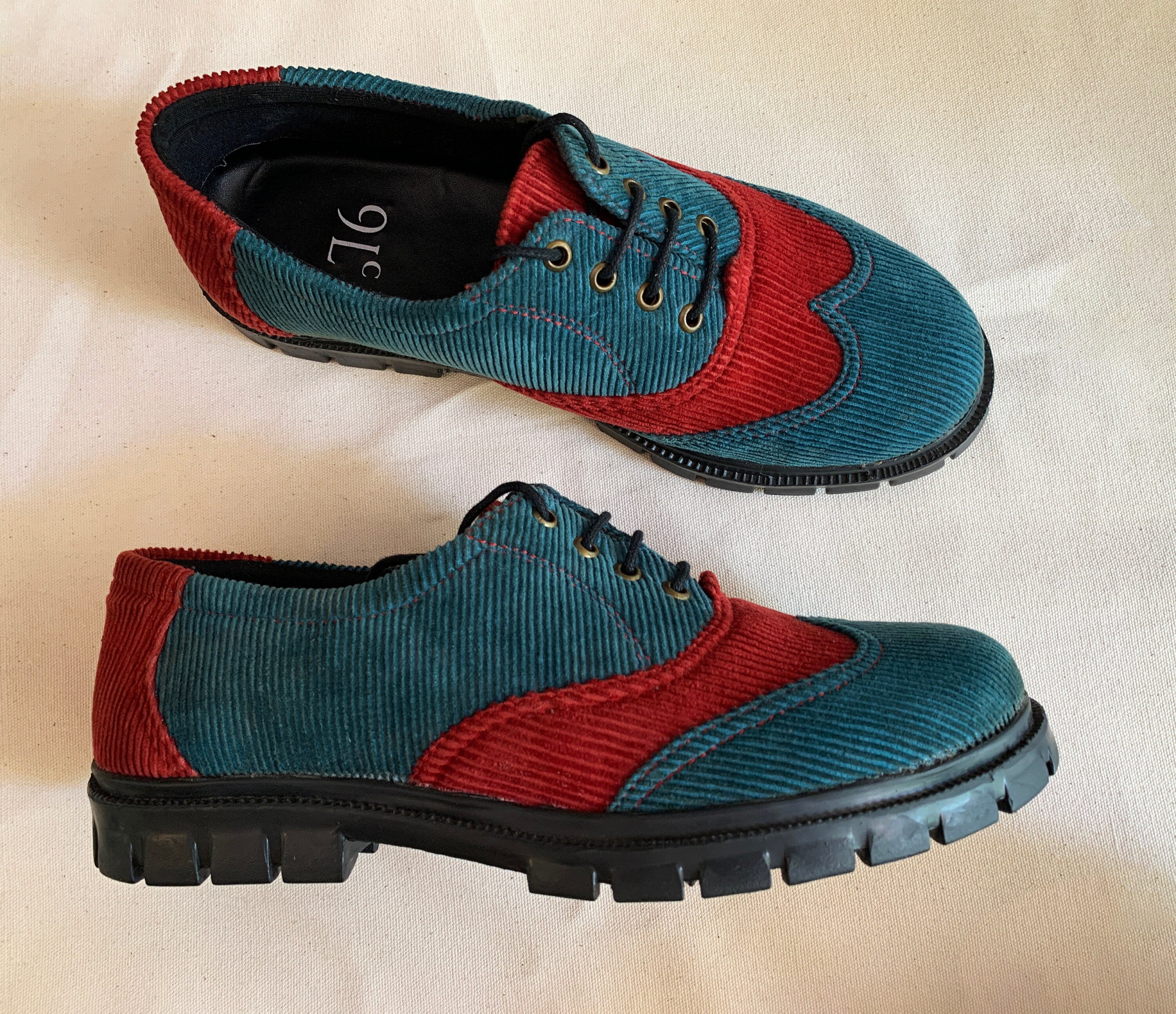 Upcycled Corduroy Brogues, Color Block Vegan Shoes (US 7.5, EU 41)