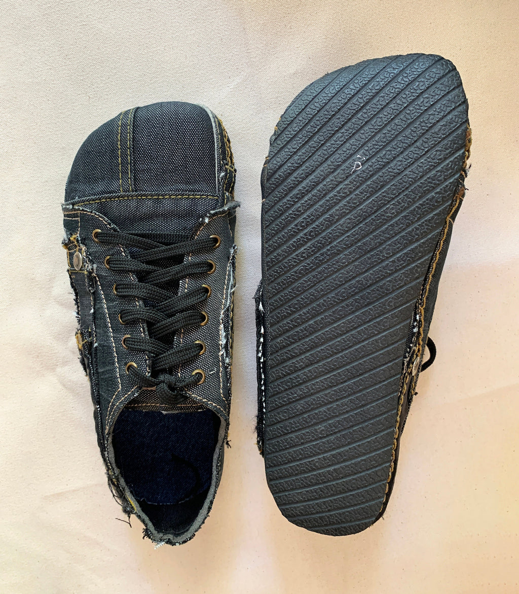 Upcycled Denim Barefoot Sneakers: Vegan Tire Sole, Contrast Stitch (US9/EU42/UK8)