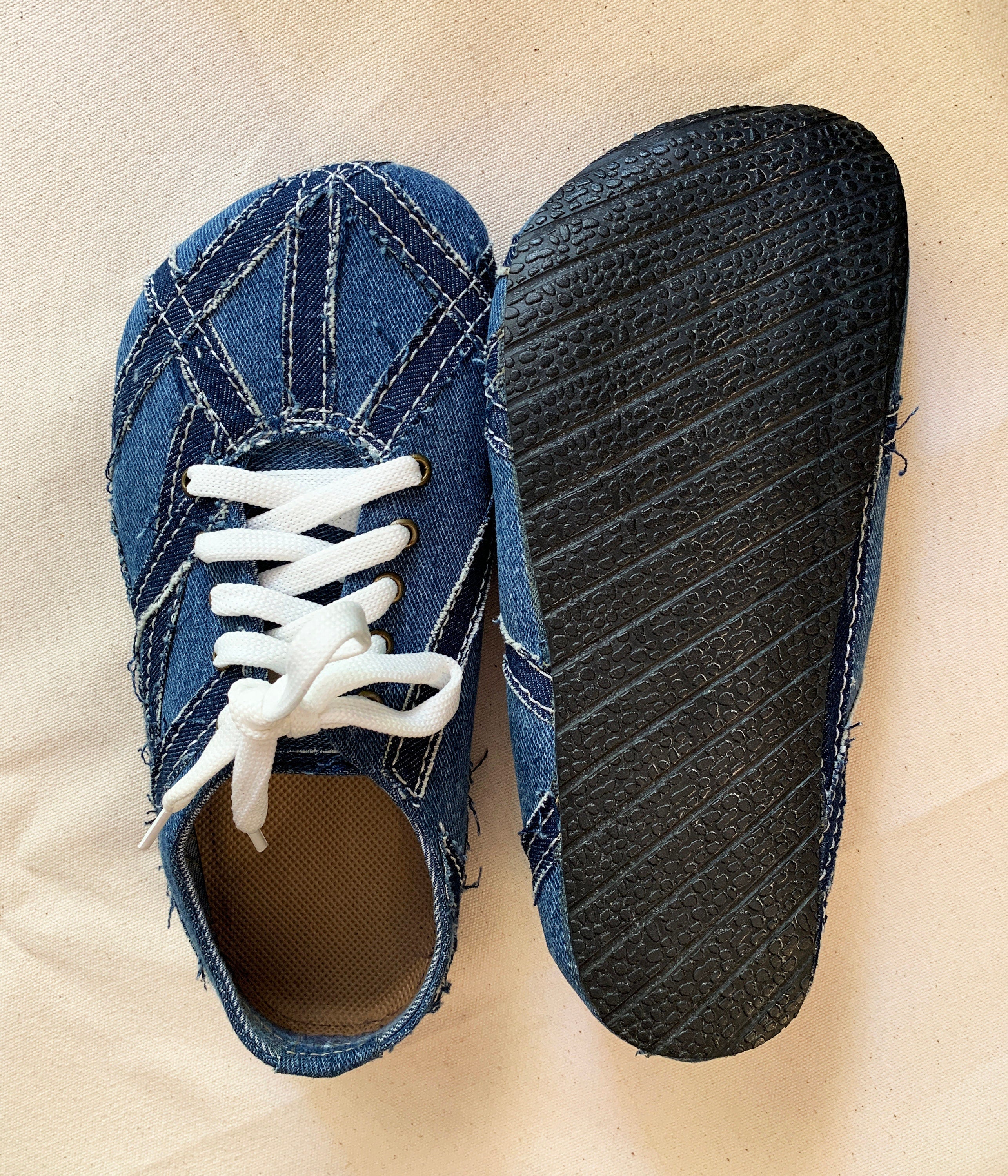 Upcycled Denim Barefoot Sneaker I US5 I UK4.5 I EU 38 I Tire Sole I Handmade I One of kind I Vegan I Unisex I Light and Flexible