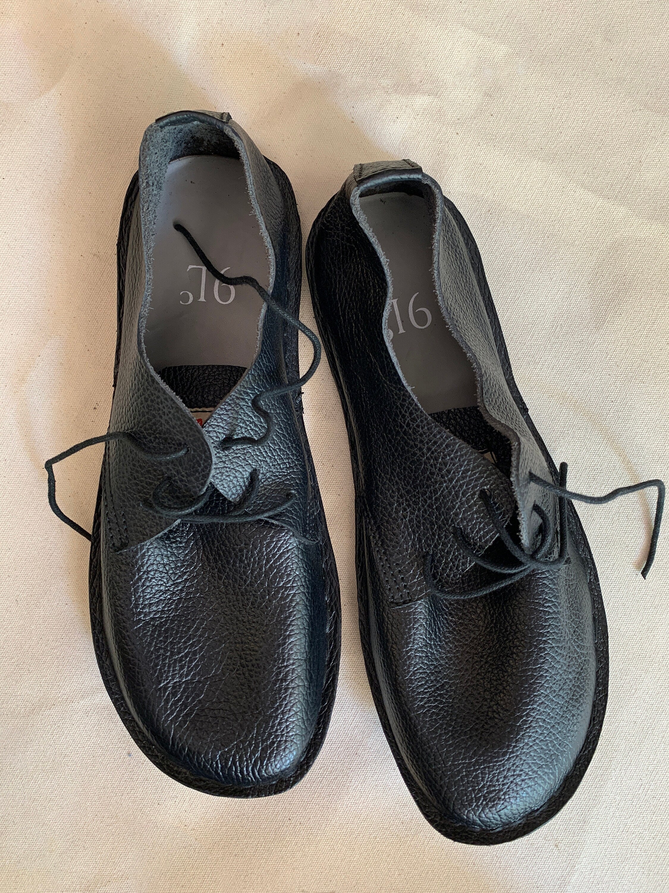 Hand Sewn Leather Barefoot Shoes: Charcoal Black, Flexible Tire Sole (US 9.5 / EU 45)