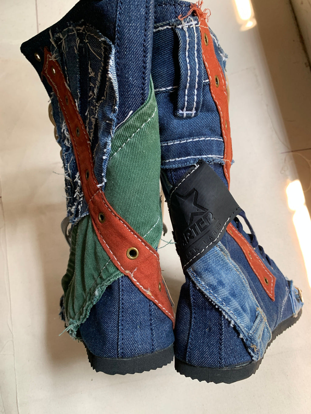 Upcycled Denim Patchwork Boots – Handmade Bohemian Footwear (US 9)