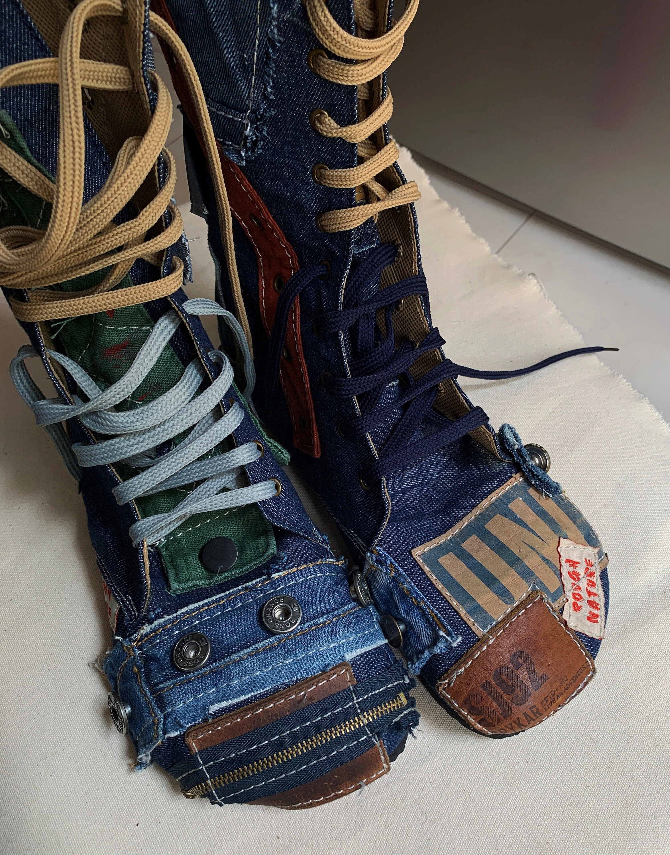 Upcycled Denim Patchwork Boots – Handmade Bohemian Footwear (US 9)