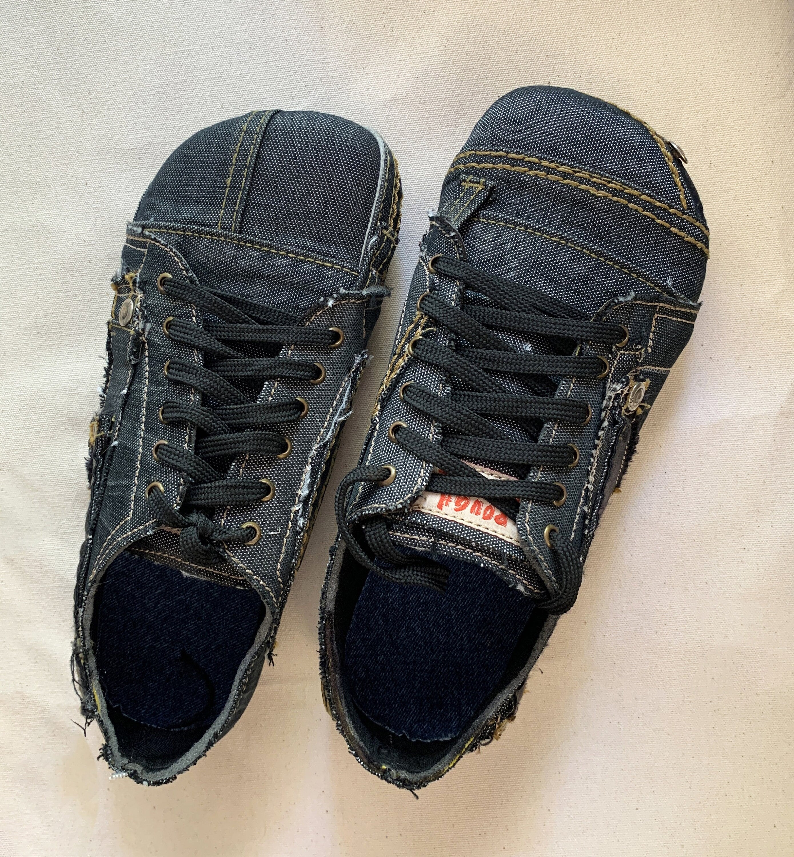 Upcycled Denim Barefoot Sneakers: Vegan Tire Sole, Contrast Stitch (US9/EU42/UK8)