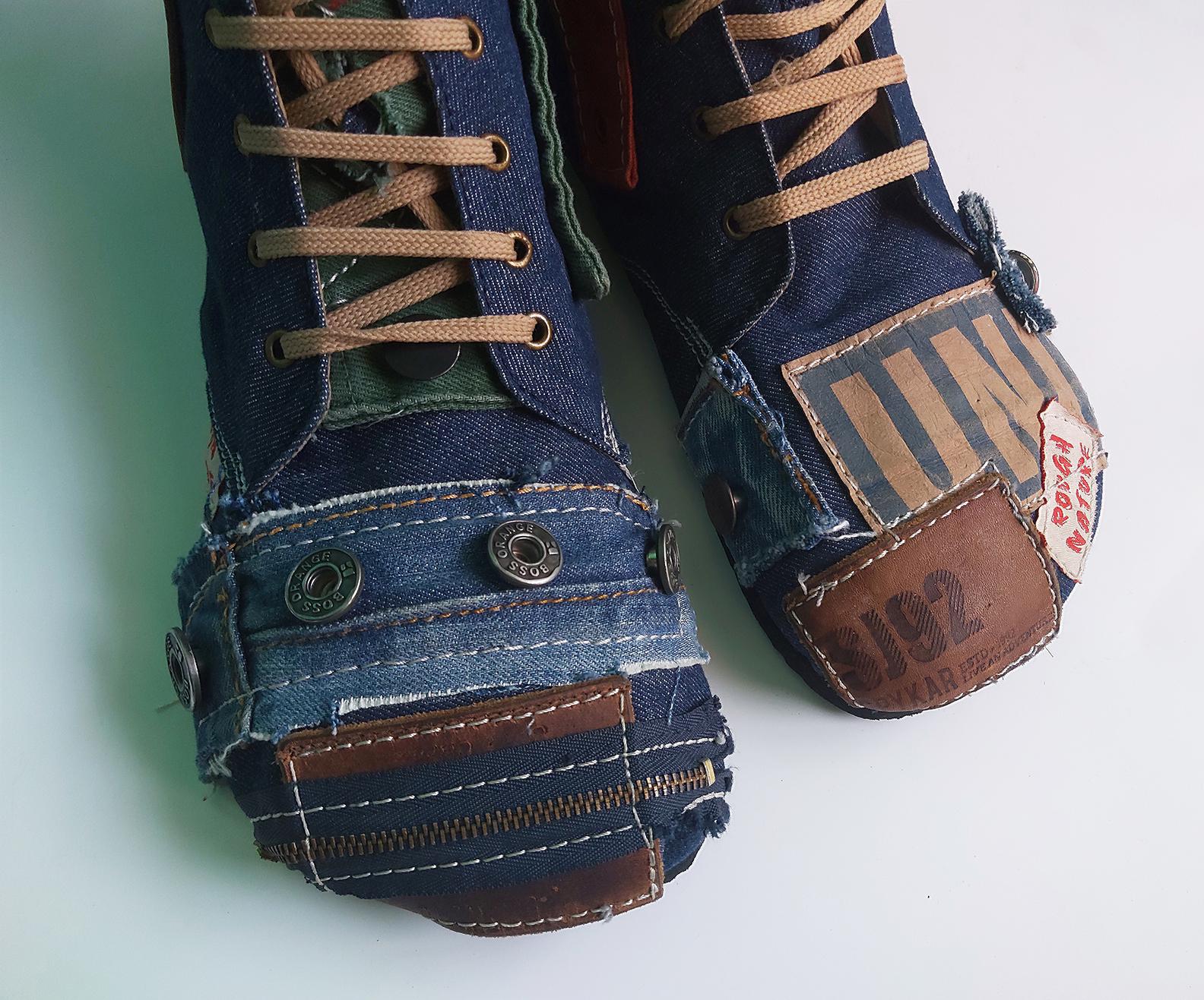 Upcycled Denim Barefoot Boots US 9, Handmade One-of-a-Kind
