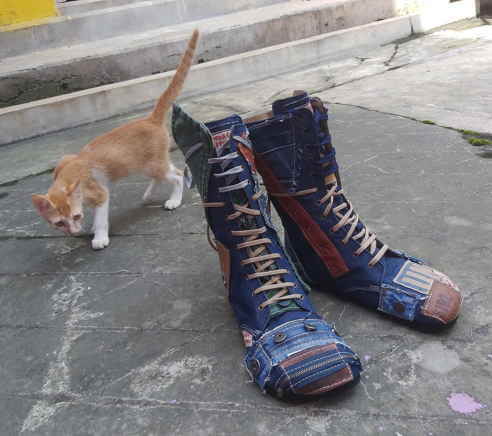 Upcycled Denim Barefoot Boots US 9, Handmade One-of-a-Kind