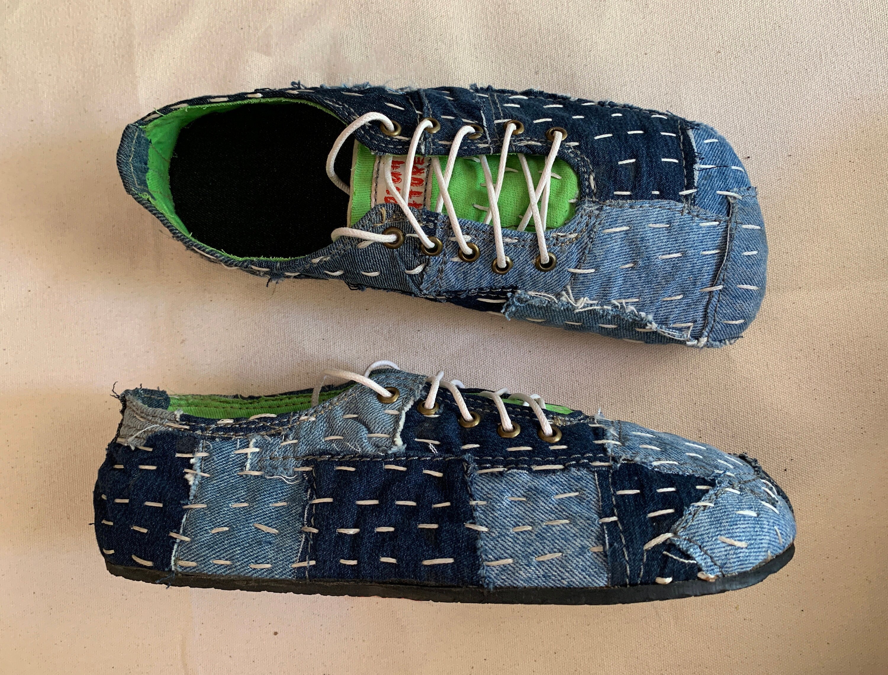 Upcycled Denim Sneakers: Gudri Hand Embroidery, Sashiko Style (US6 / EU40)
