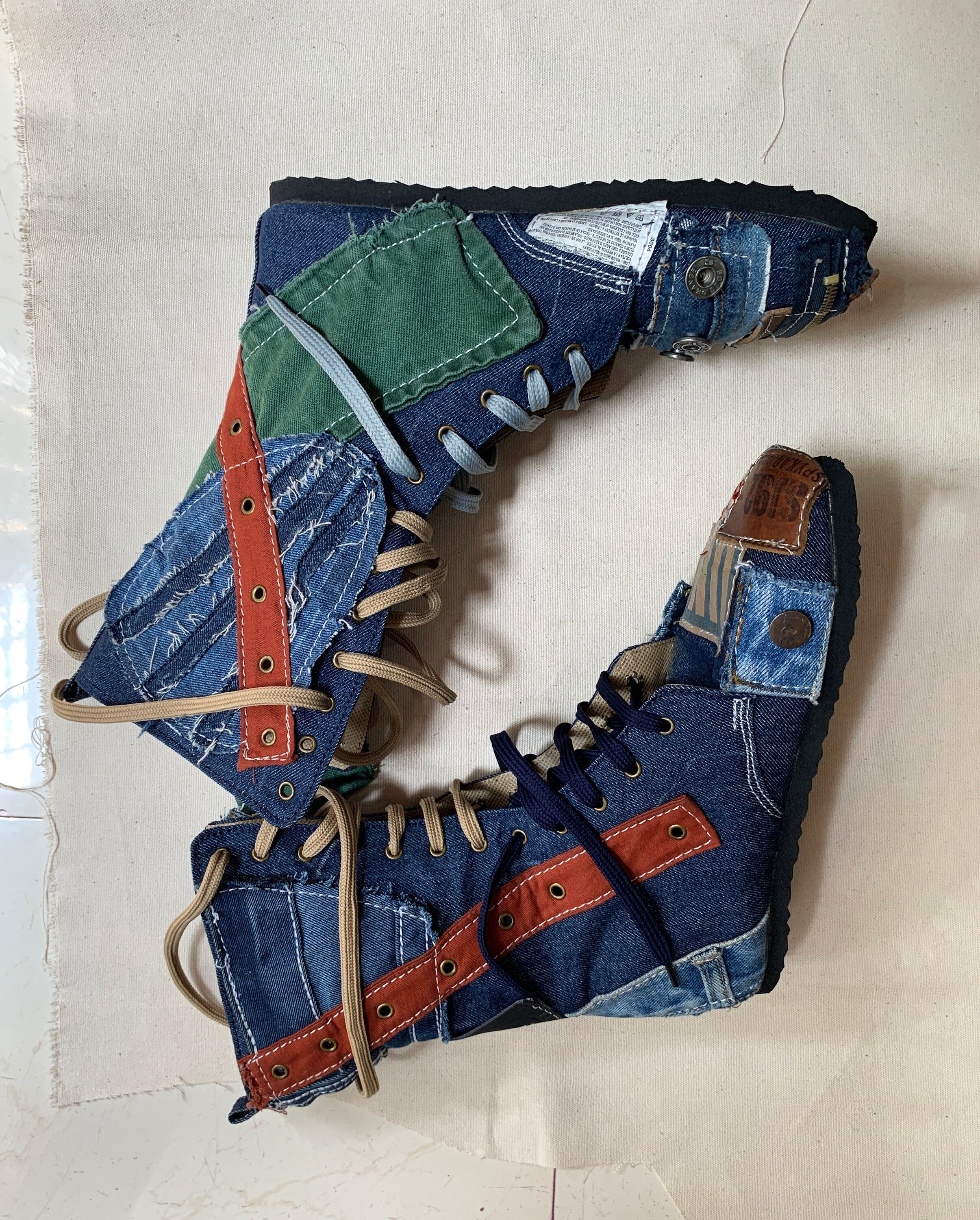 Upcycled Denim Patchwork Boots – Handmade Bohemian Footwear (US 9)