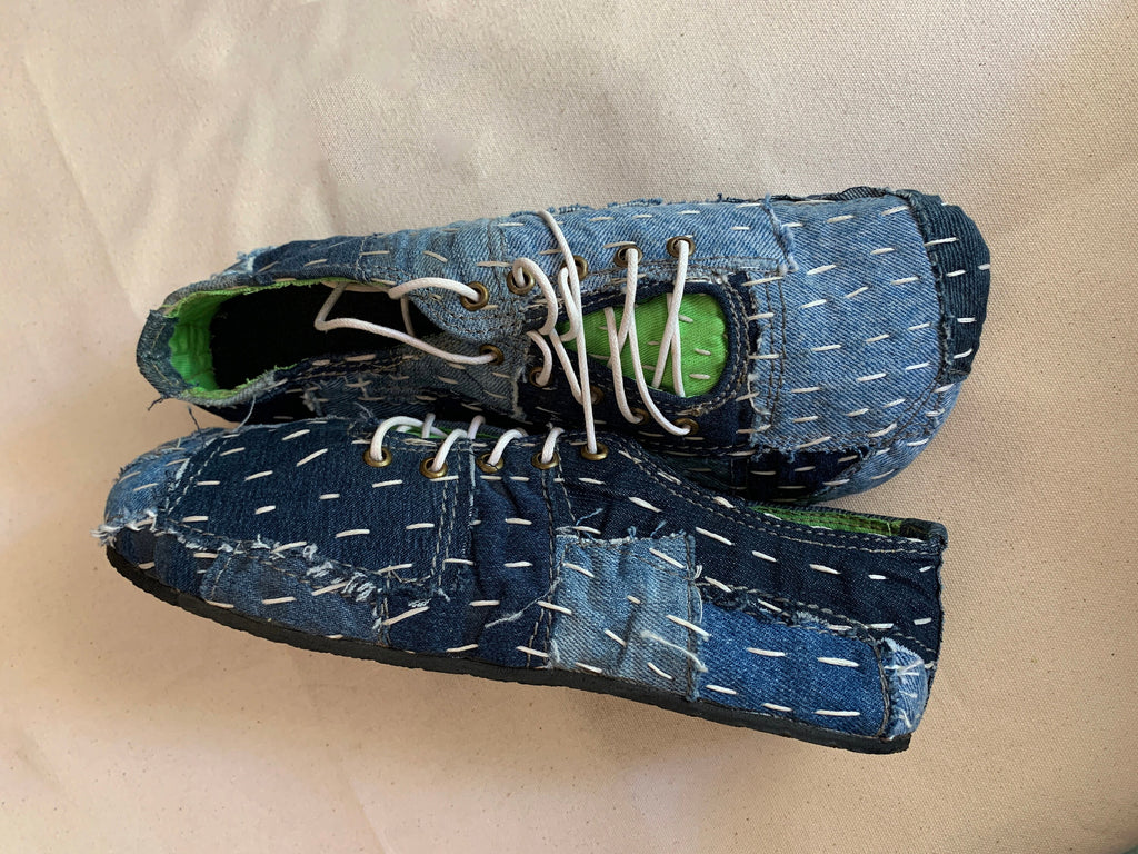Upcycled Denim Sneakers: Gudri Hand Embroidery, Sashiko Style (US6 / EU40)