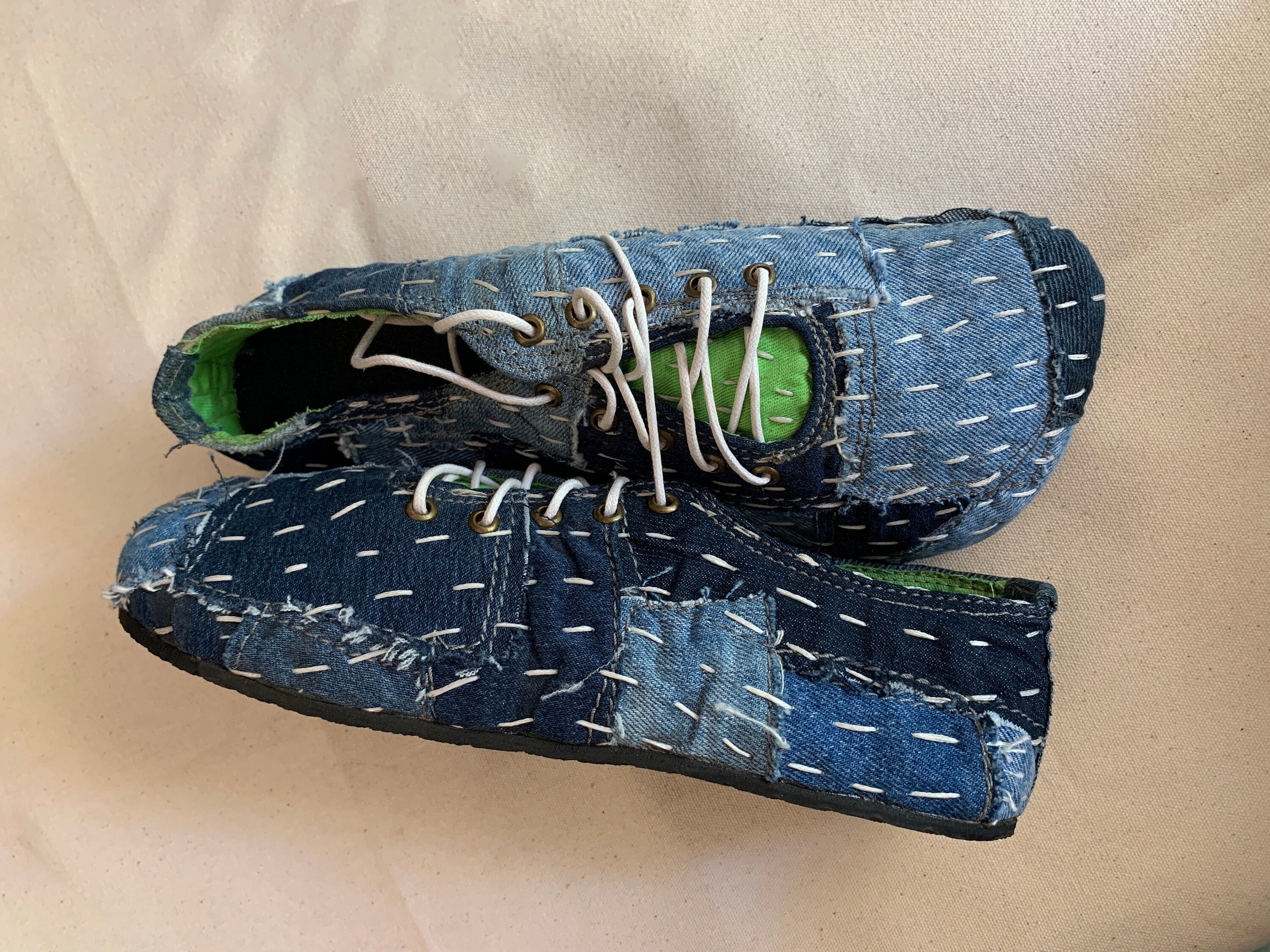Upcycled Denim Sneakers: Gudri Hand Embroidery, Sashiko Style (US6 / EU40)