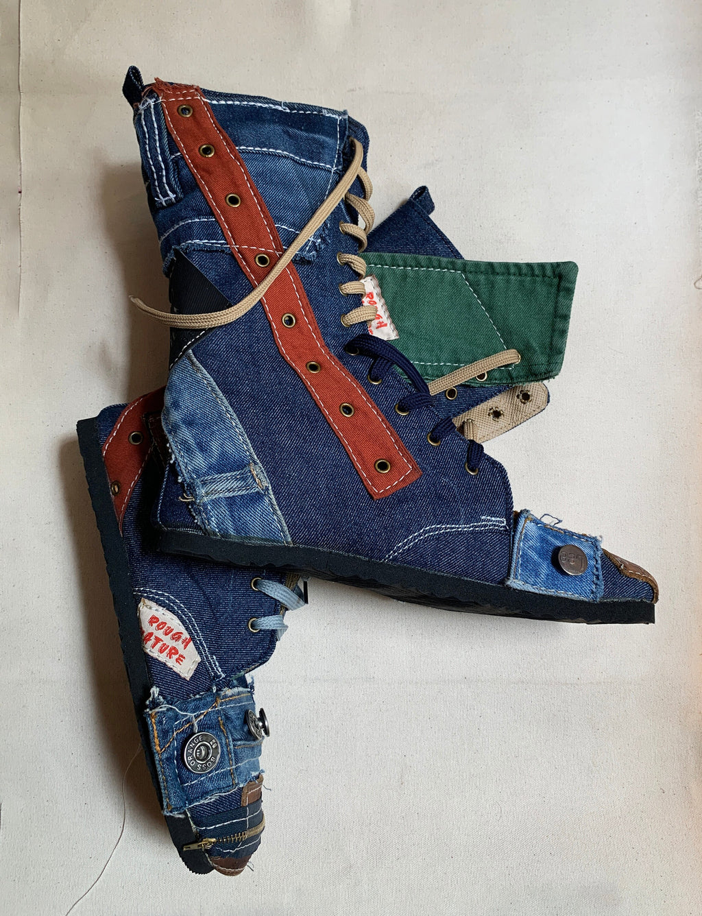 Upcycled Denim Patchwork Boots – Handmade Bohemian Footwear (US 9)