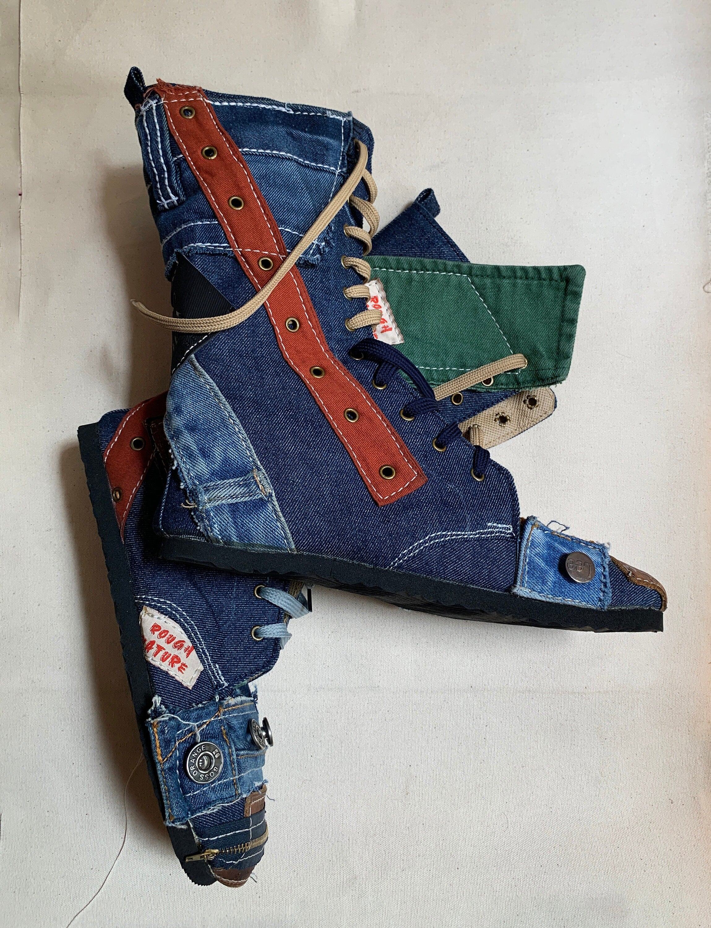 Upcycled Denim Patchwork Boots – Handmade Bohemian Footwear (US 9)