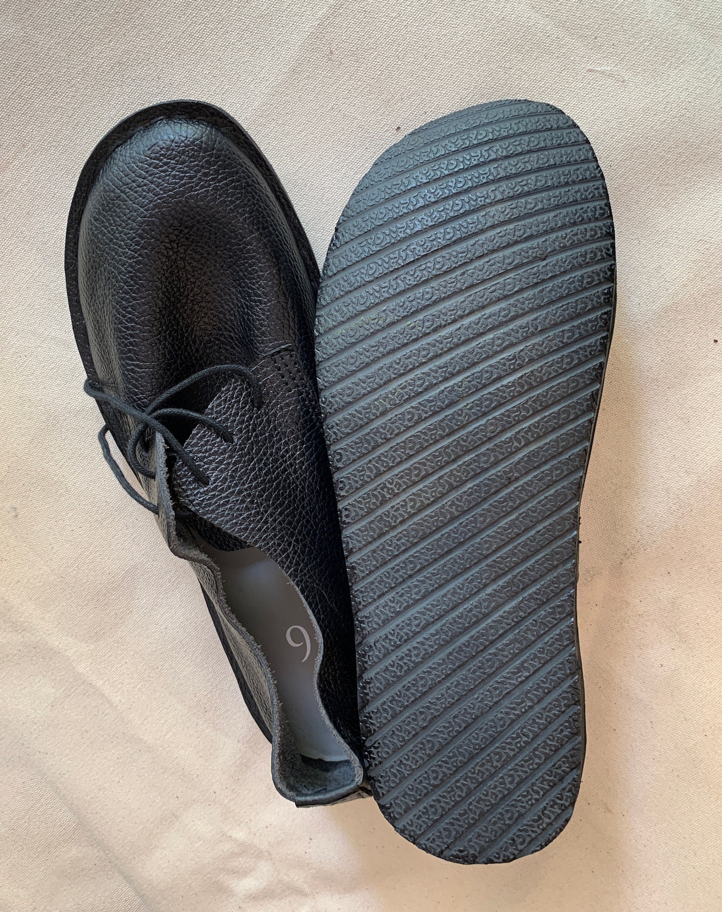 Hand Sewn Leather Barefoot Shoes: Charcoal Black, Flexible Tire Sole (US 9.5 / EU 45)