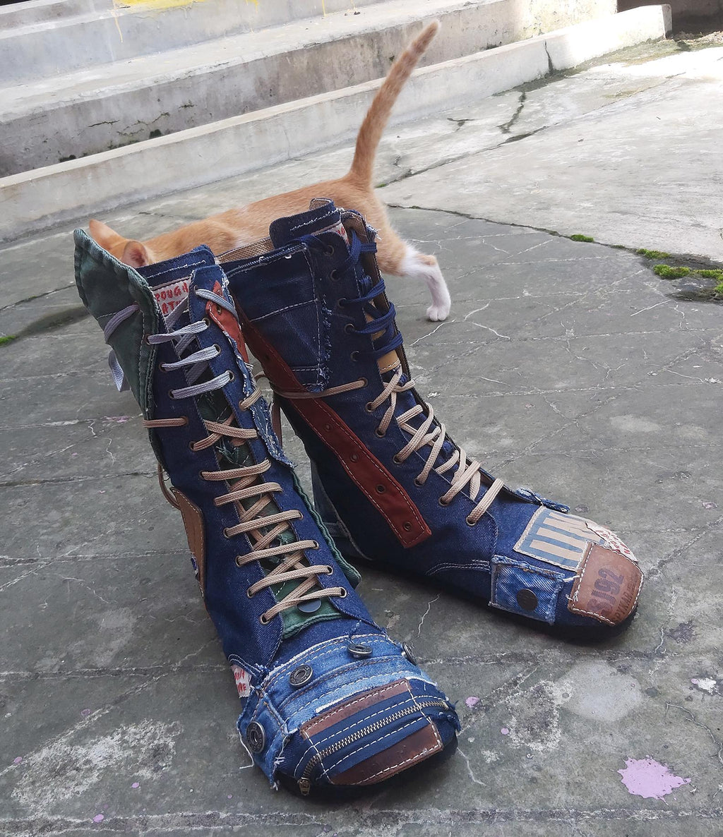 Upcycled Denim Barefoot Boots US 9, Handmade One-of-a-Kind