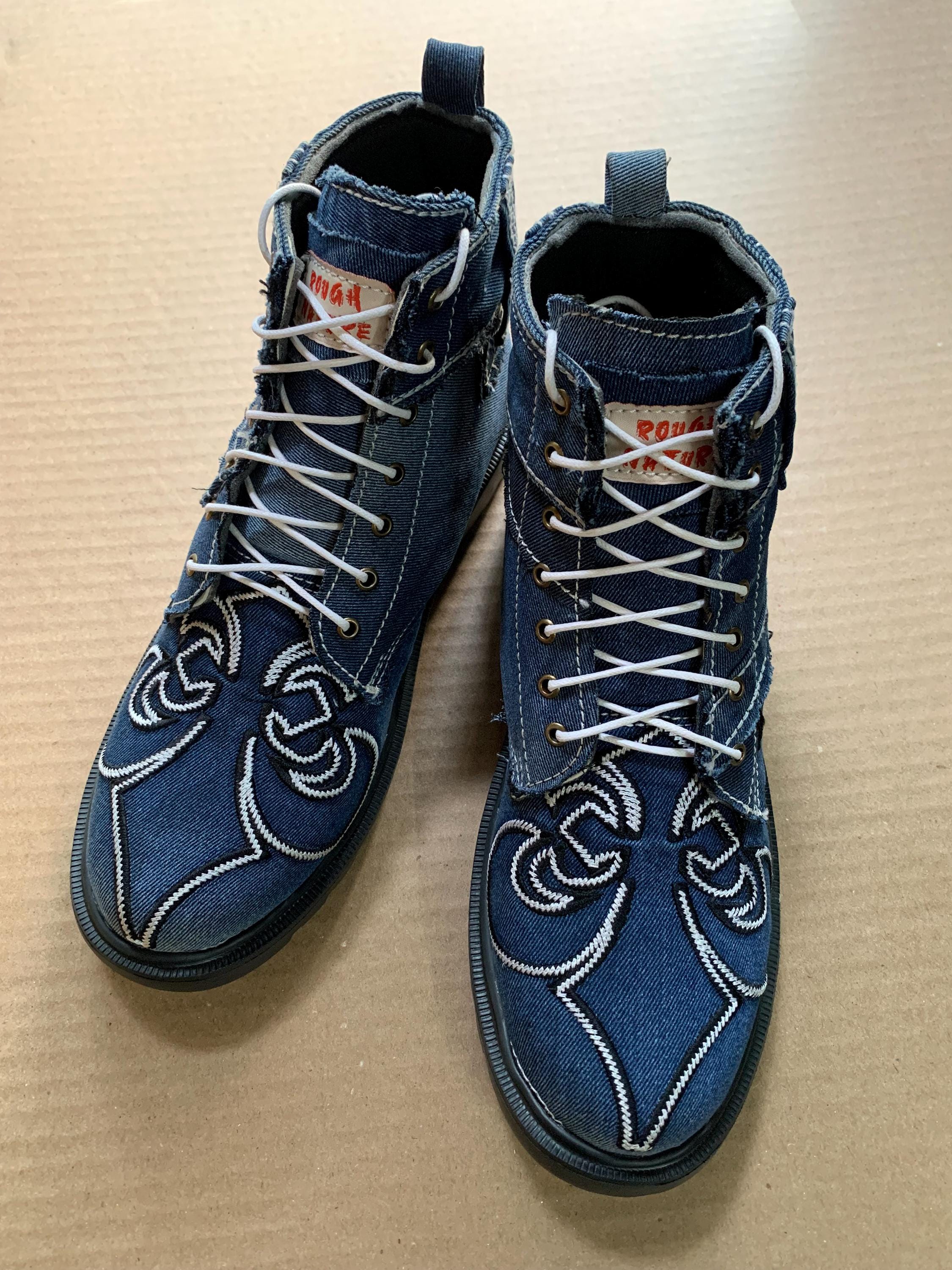 Upcycled Denim Boots, Custom Memorial Shoes (US Size 10)