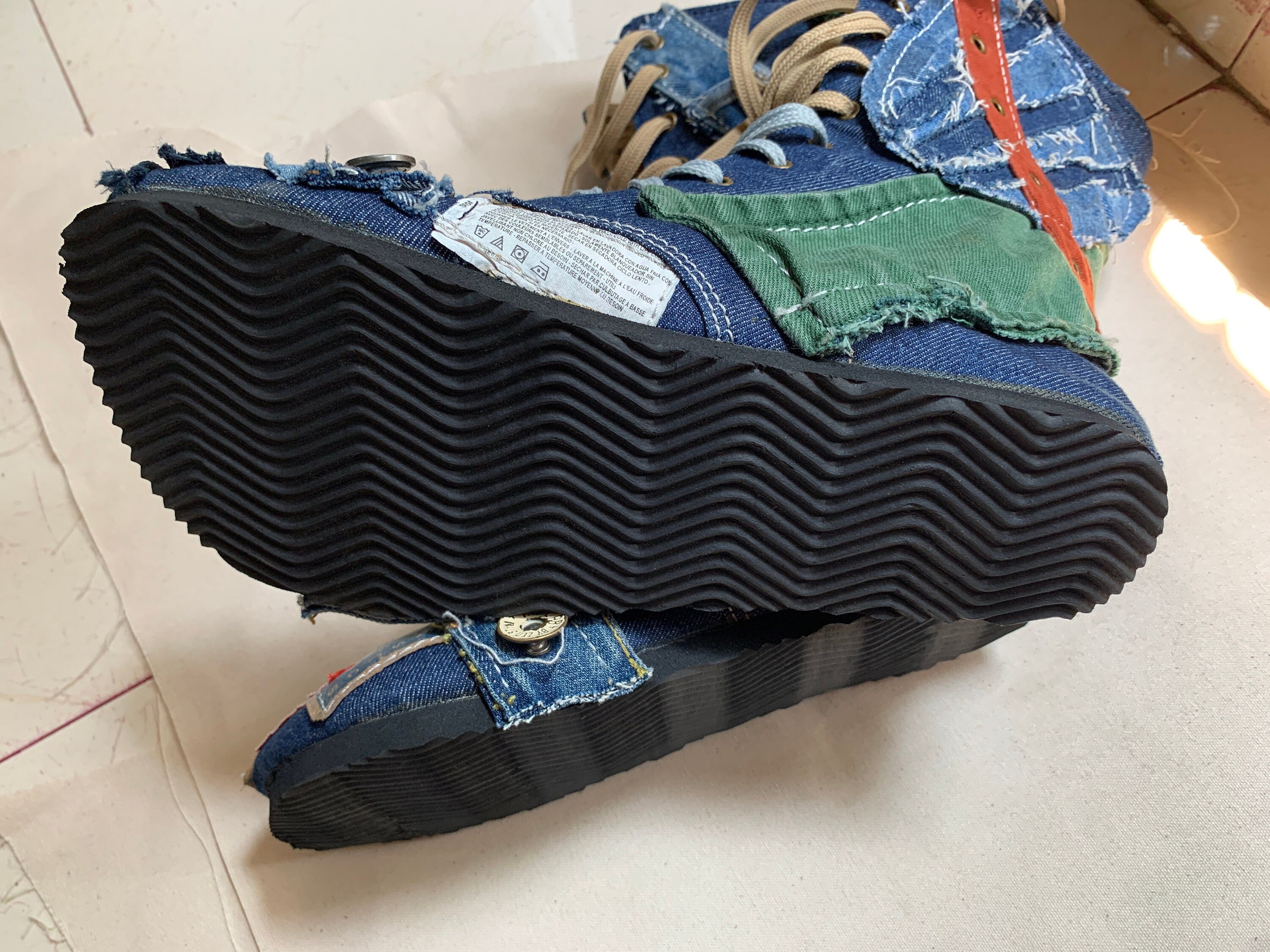 Upcycled Denim Patchwork Boots – Handmade Bohemian Footwear (US 9)