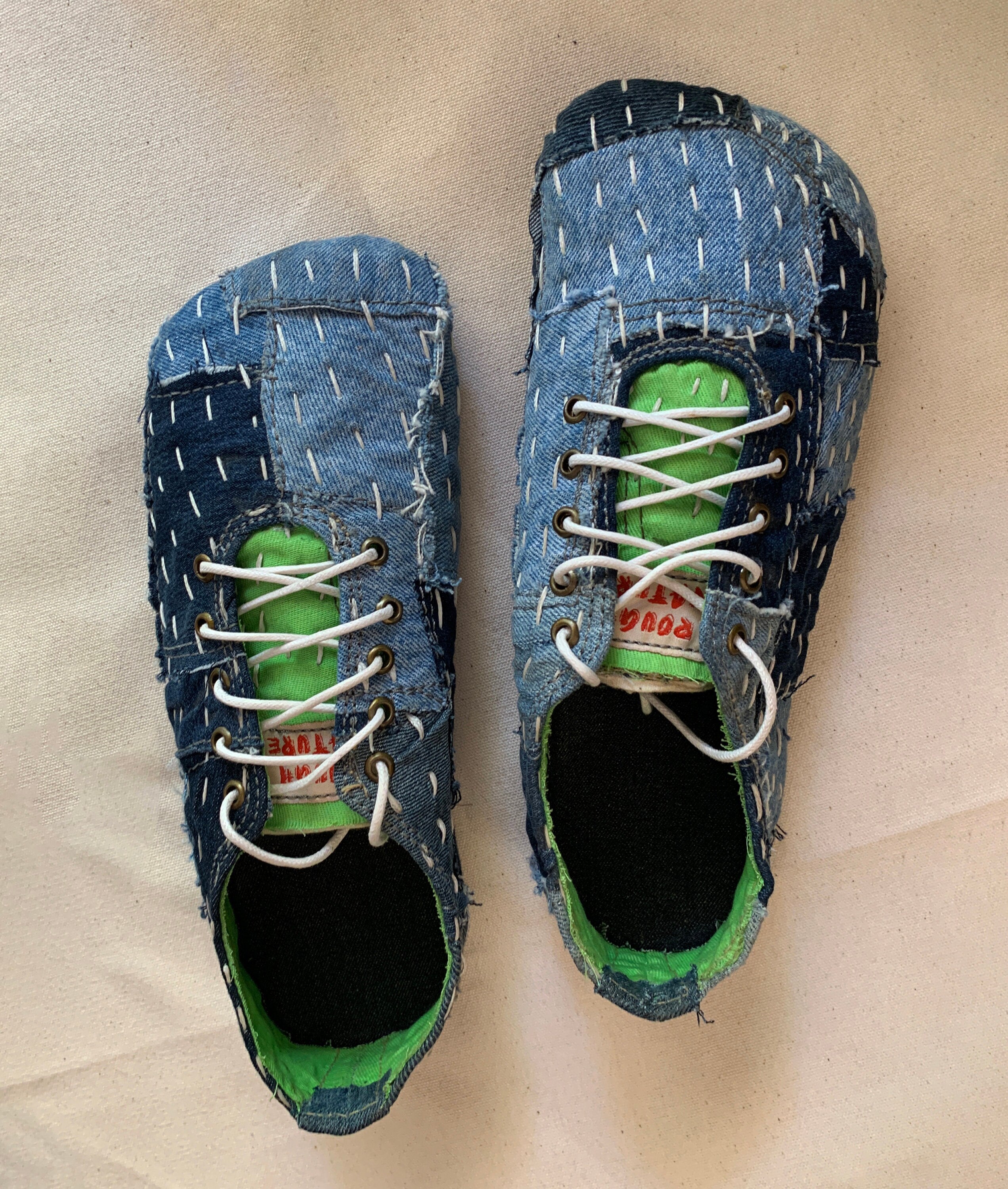 Upcycled Denim Sneakers: Gudri Hand Embroidery, Sashiko Style (US6 / EU40)