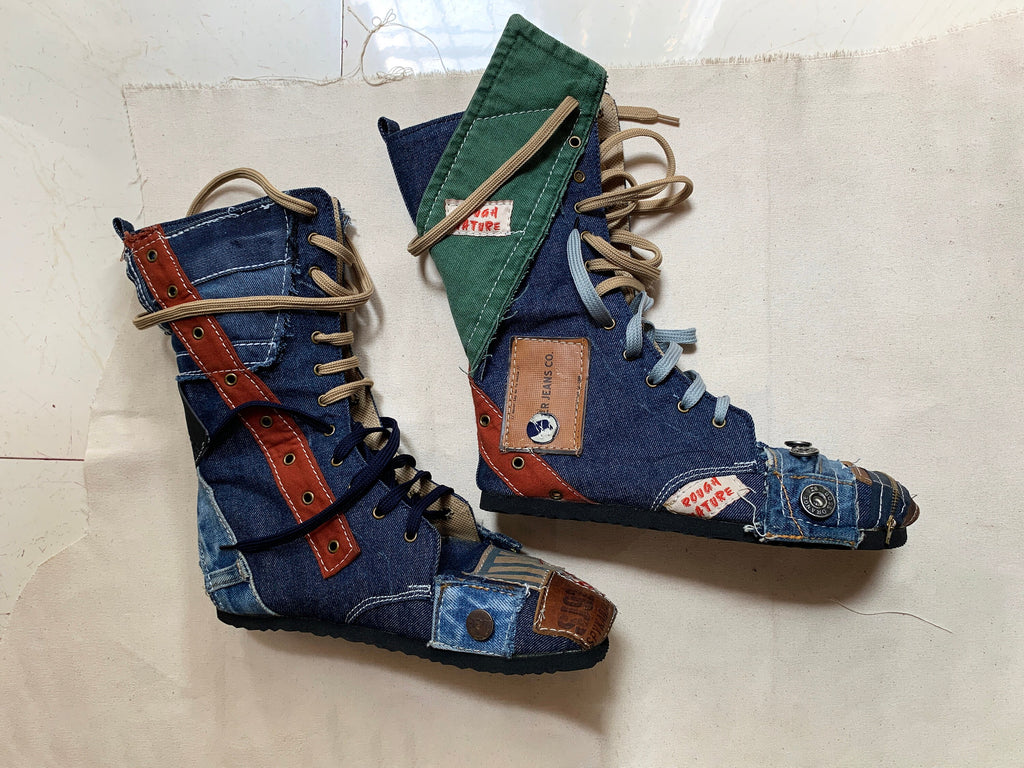 Upcycled Denim Patchwork Boots – Handmade Bohemian Footwear (US 9)
