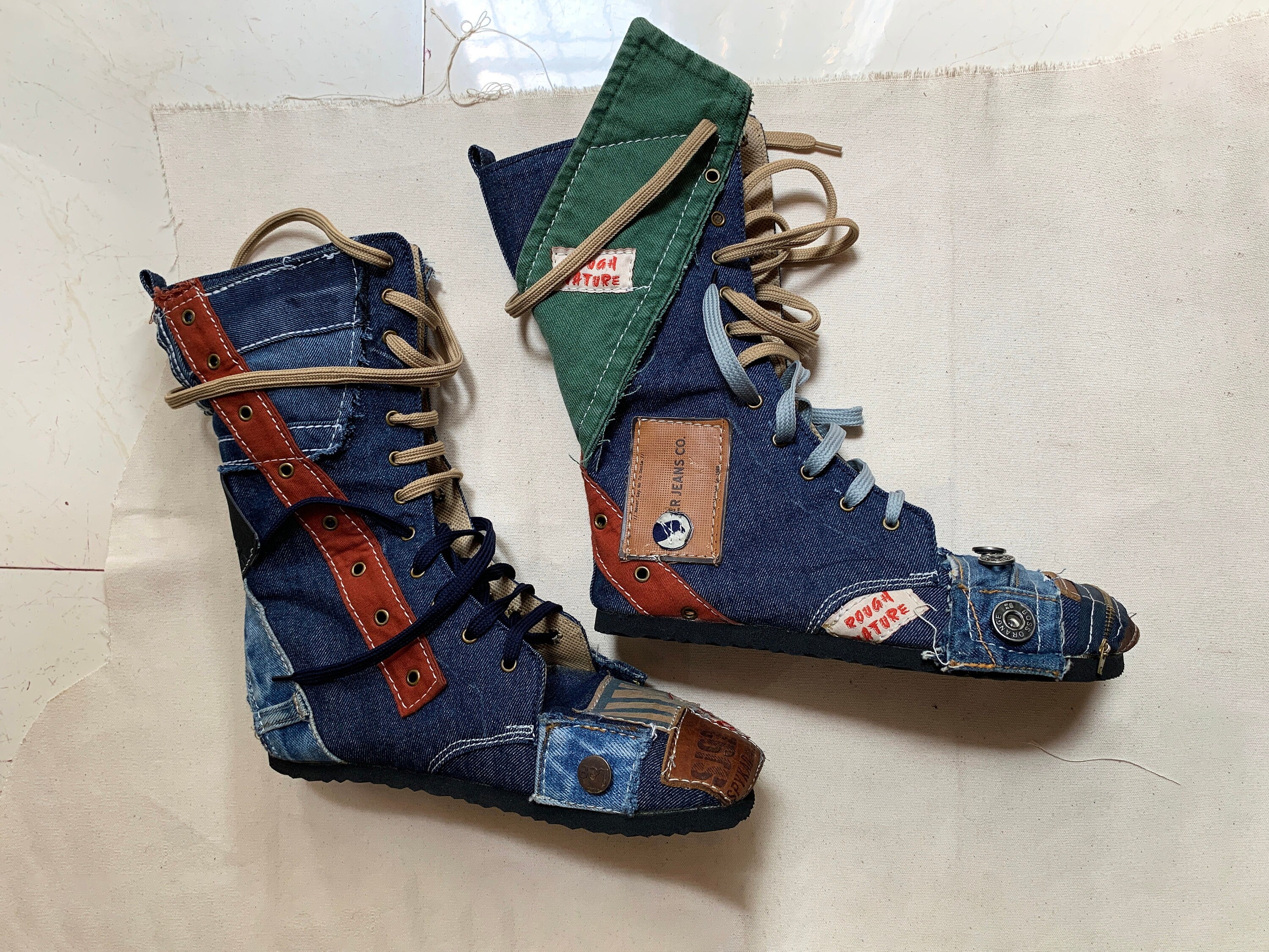 Upcycled Denim Patchwork Boots – Handmade Bohemian Footwear (US 9)