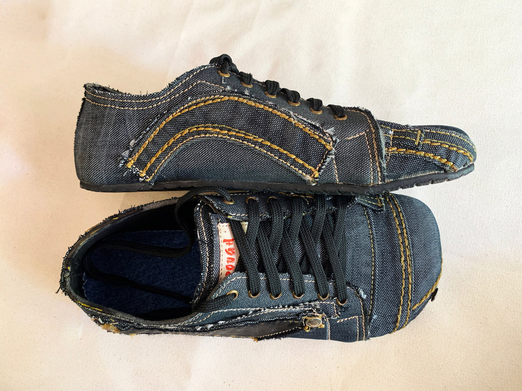 Upcycled Denim Barefoot Sneakers: Vegan Tire Sole, Contrast Stitch (US9/EU42/UK8)