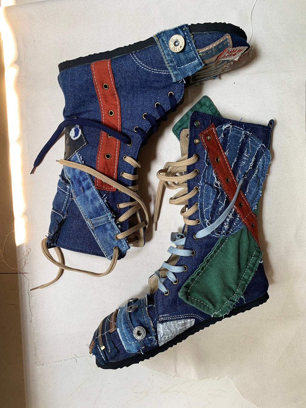 Upcycled Denim Patchwork Boots – Handmade Bohemian Footwear (US 9)