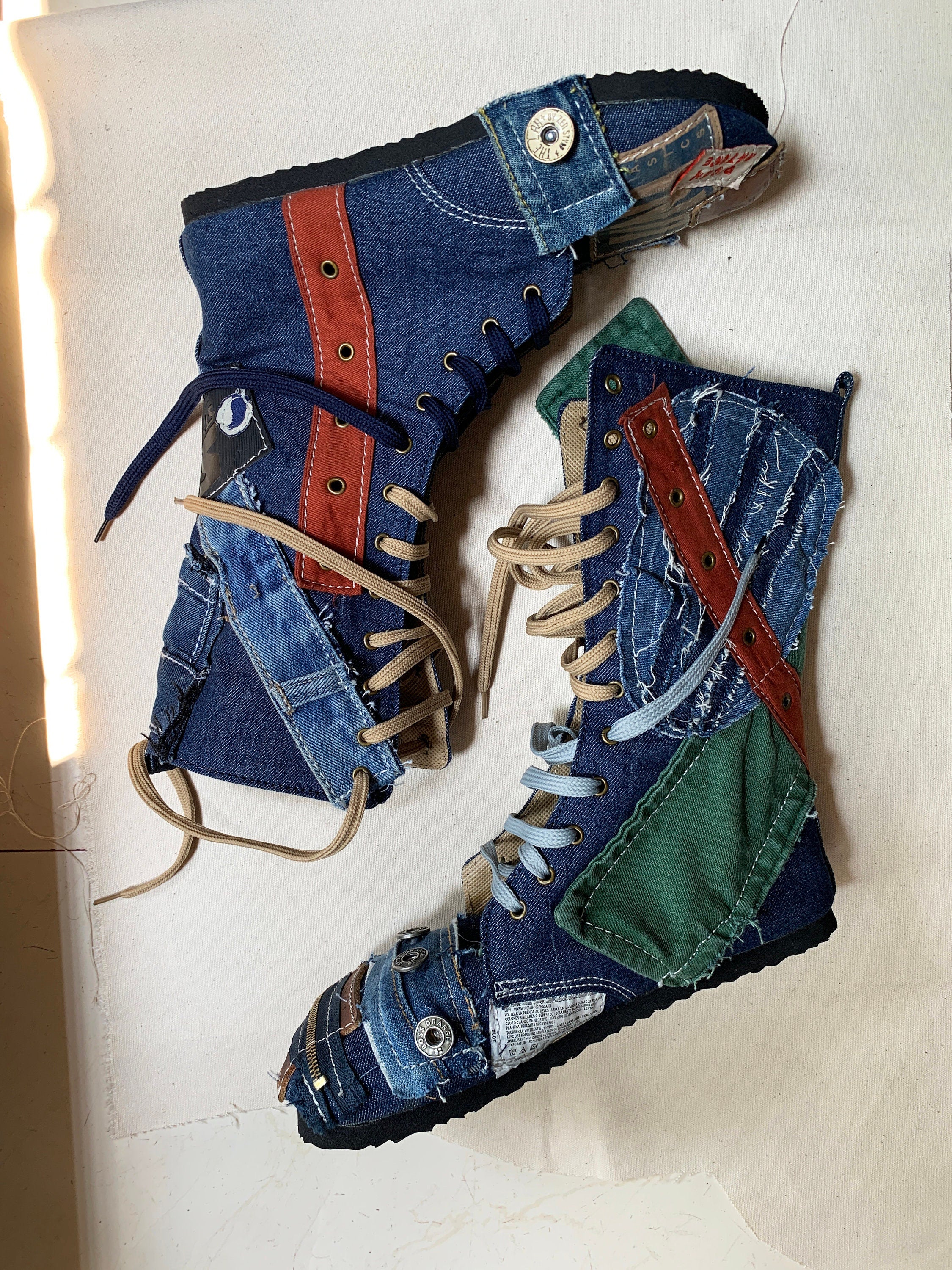 Upcycled Denim Patchwork Boots – Handmade Bohemian Footwear (US 9)
