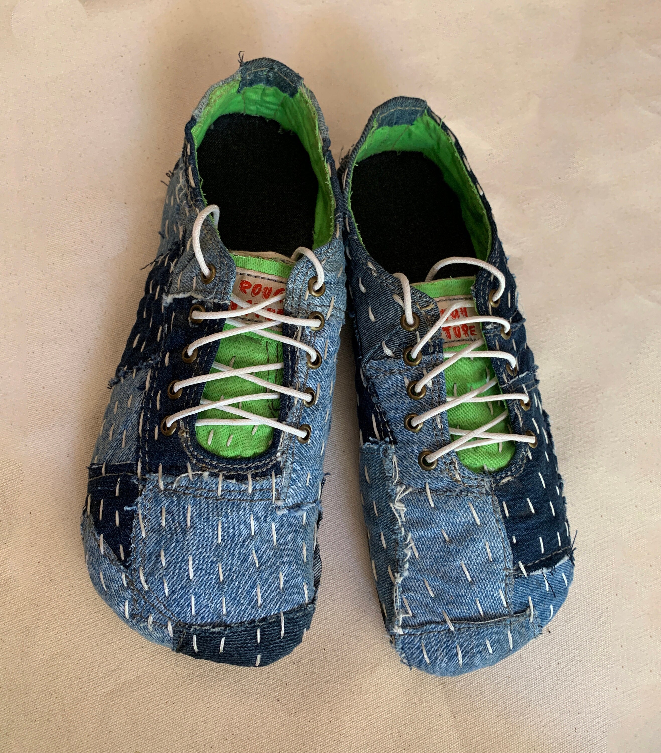 Upcycled Denim Sneakers: Gudri Hand Embroidery, Sashiko Style (US6 / EU40)